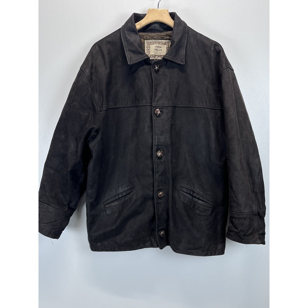 Vintage Vera Pelle Leather Coat Sz X-large Mens Brown Italian Leather Chore Barn